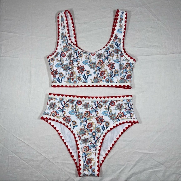 Amazon Other - Floral Paisley Ric-Rac Trim High Waisted Bikini Set XS Red White Blue Swimsuit
